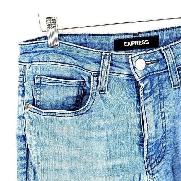 DAMAGED Express Light Blue Stone Wash Whisker Mid Rise Denim Jeans‎ 30/29 Slim - Picture 2 of 11